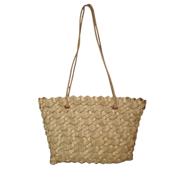 Vintage Raffia Floral Straw Tan Woven Tote Bag - Picture 1 of 5